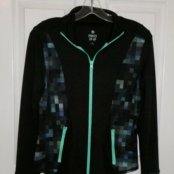 VERY NICE SO PERFECT ZIP UP ATHLETIC JACKET - JUNIOR M - BLACK W BLUE/GREEN PATT - Picture 1 of 2